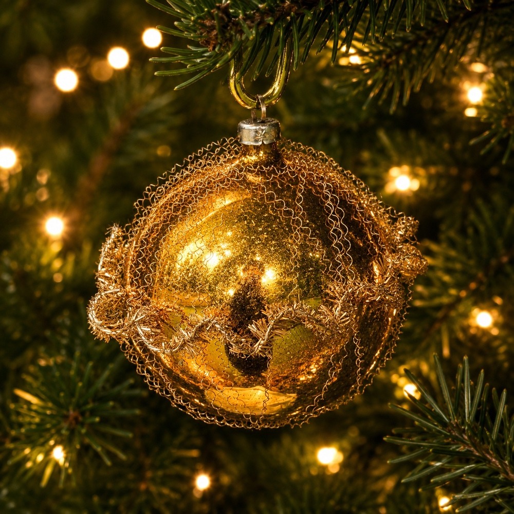 Vintage West Germany Glass Christmas Ornament Gold Silver Wire Mesh Cage Bauble
